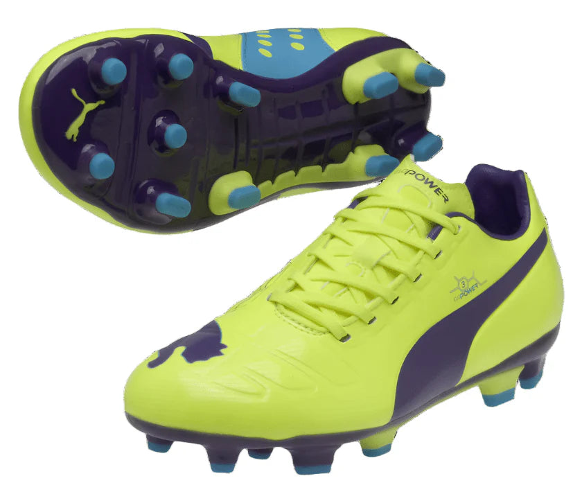 PUMA Kids evoPOWER 3 FG Firm Ground Soccer Cleats Jr Yellow Purple
