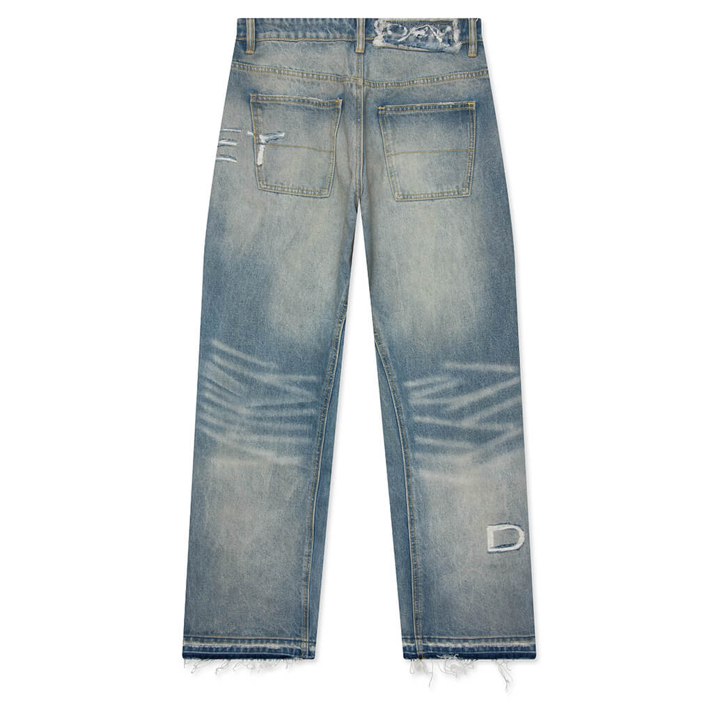 Distressed Stencil Denim Washed Indigo