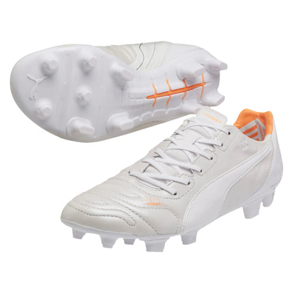 PUMA Evopower 12 Leather FG Firm Ground Soccer Cleats White Metallic White Fluo Orange