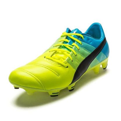 PUMA Evopower 13 LT FG Firm Ground Soccer Cleats Safety Yellow Black Atomic Blue