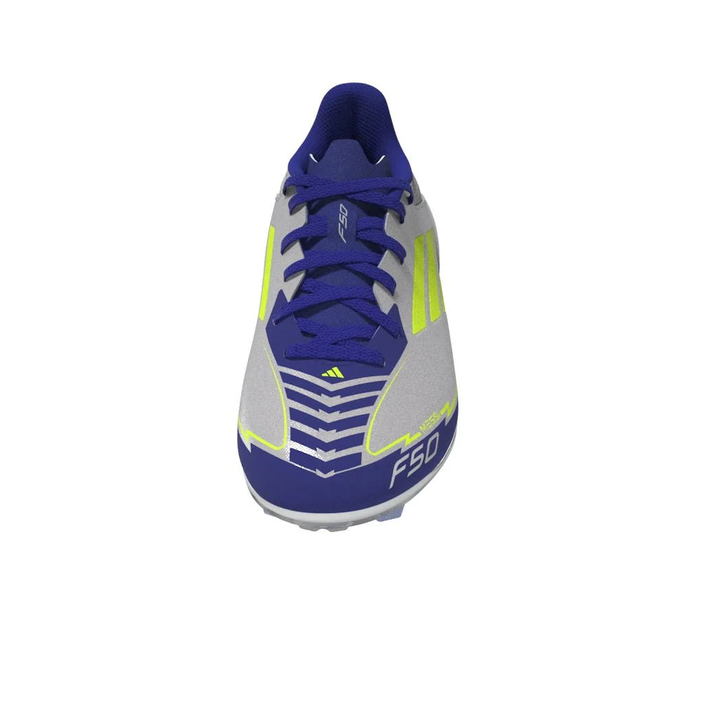 adidas F50 League Messi Firm Multi Ground Boots Junior Silver Metallic Solar Yellow Lucid Blue