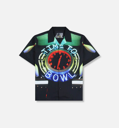 Big Lebowski Time To Bowl Button Up Mens Short Sleeve Shirt Black Red