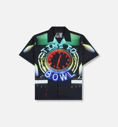 Big Lebowski Time To Bowl Button Up Mens Short Sleeve Shirt Black Red