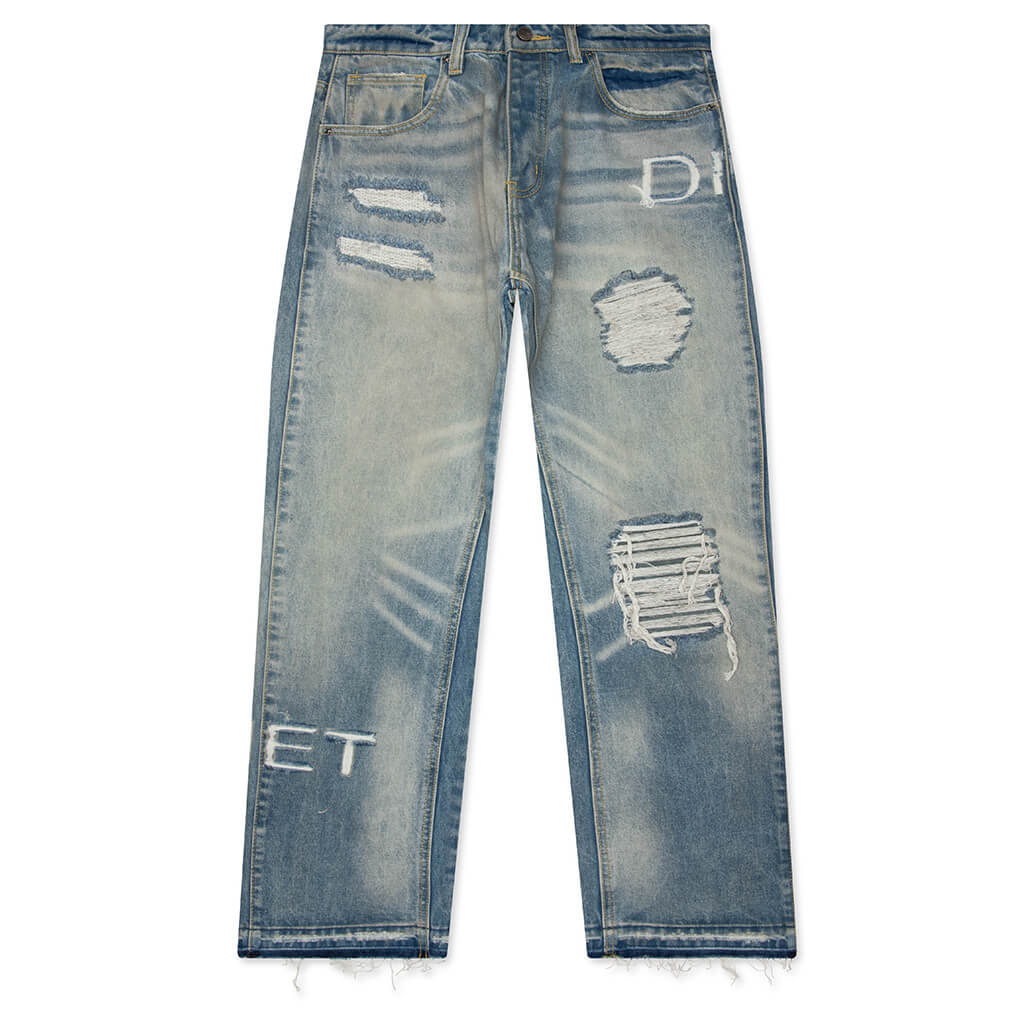 Distressed Stencil Denim Washed Indigo