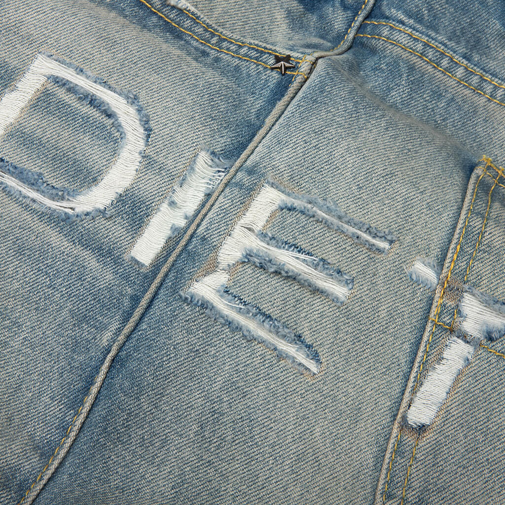 Distressed Stencil Denim Washed Indigo