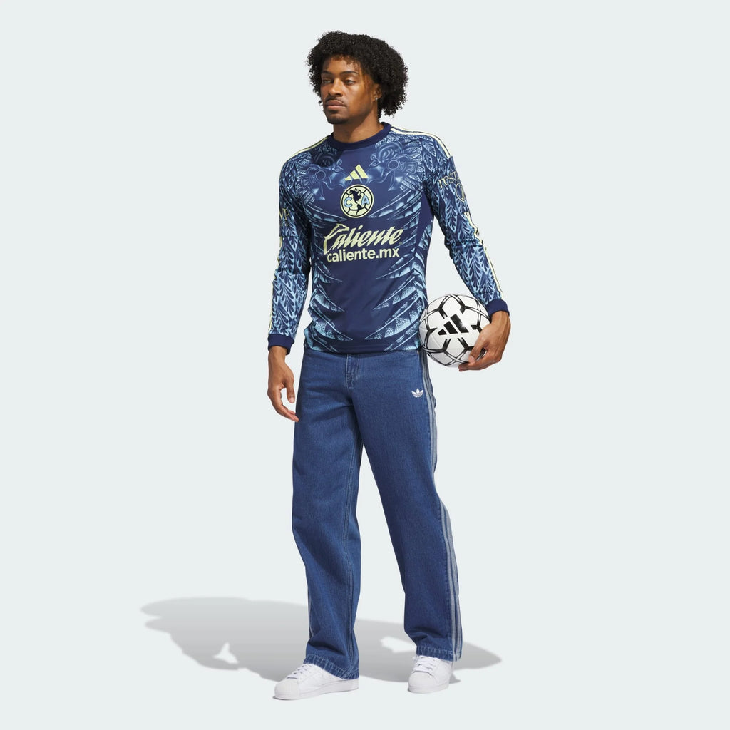 adidas Club América Long Sleeve Mens Away Soccer Jersey 25 26 Blue