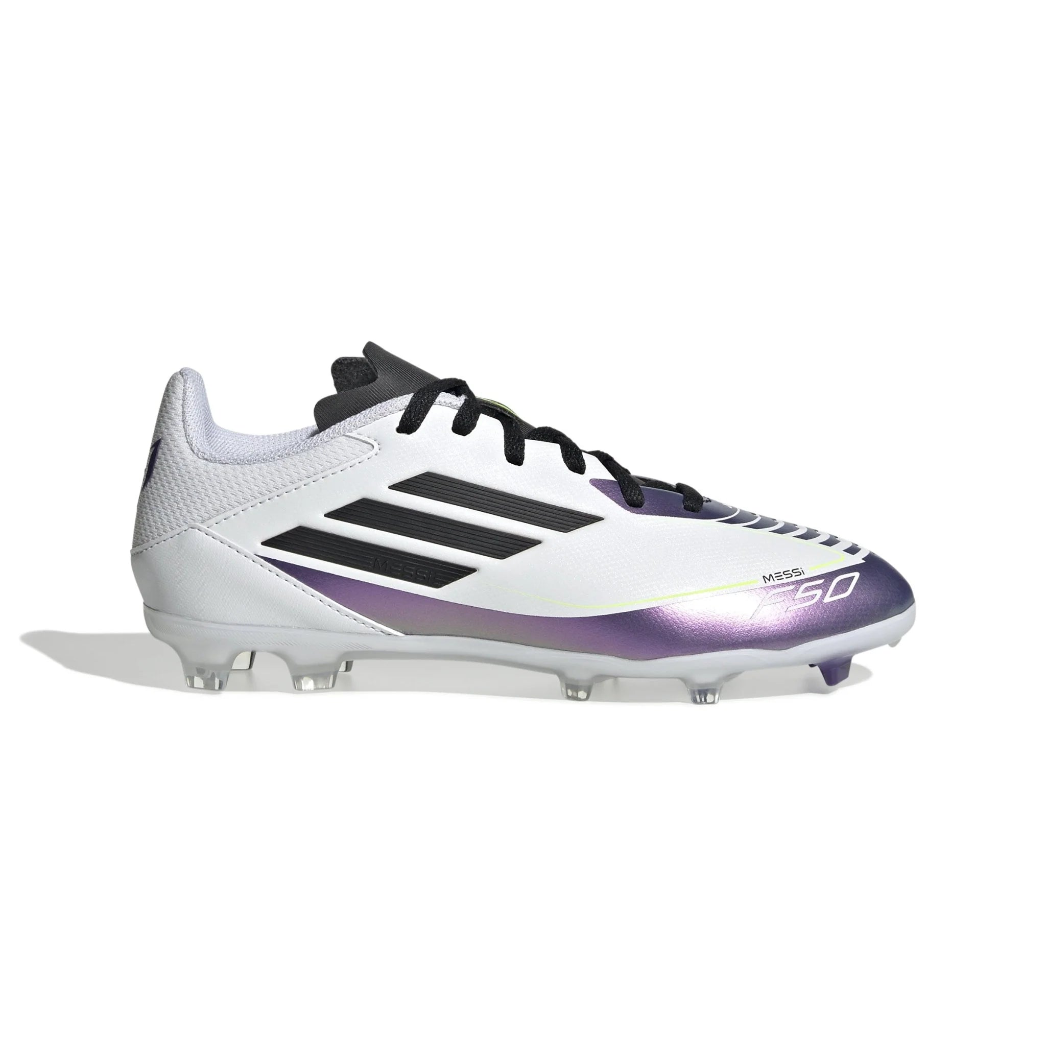 adidas Kids F50 League FG MG Messi Multi Ground Soccer Cleats White Black Purple