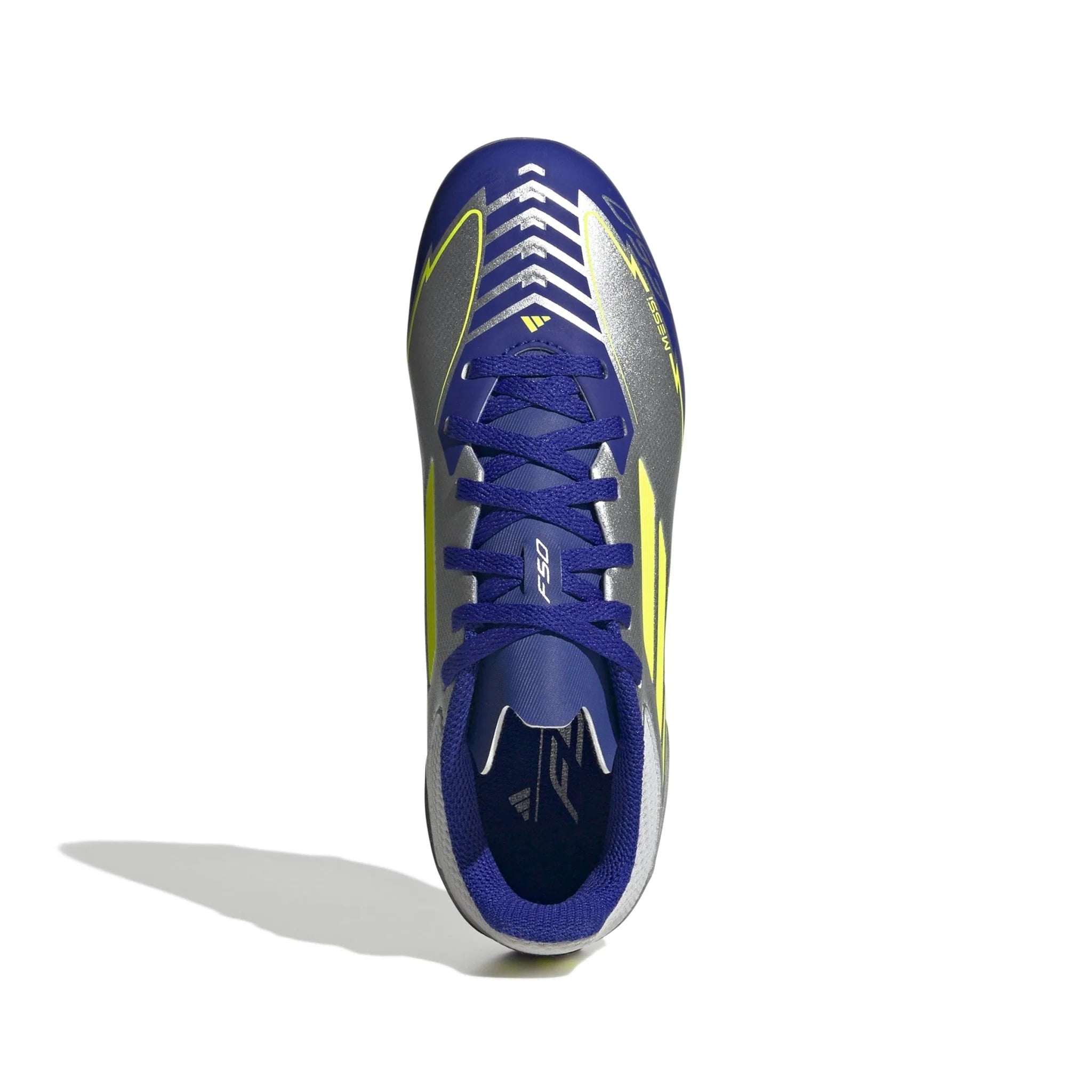 adidas F50 League Messi Firm Multi Ground Boots Junior Silver Metallic Solar Yellow Lucid Blue