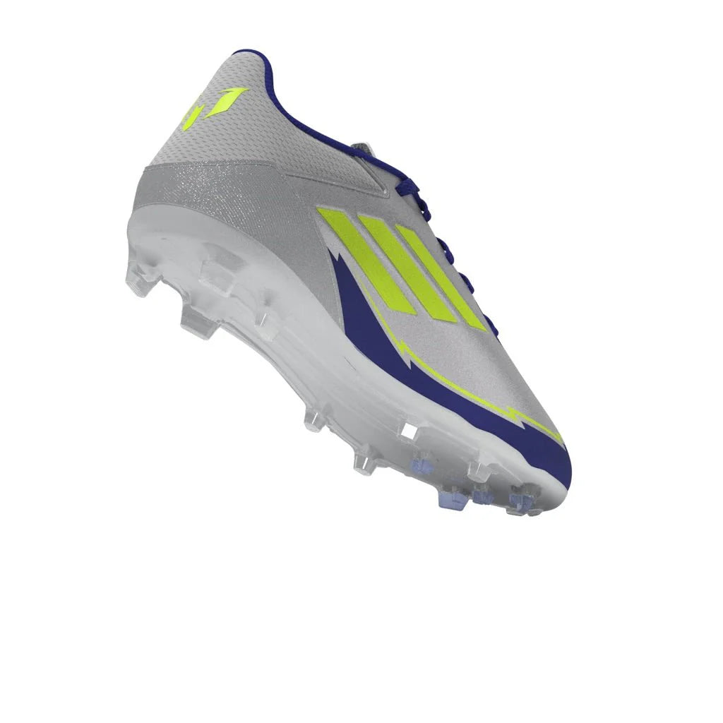 adidas F50 League Messi Firm Multi Ground Boots Junior Silver Metallic Solar Yellow Lucid Blue