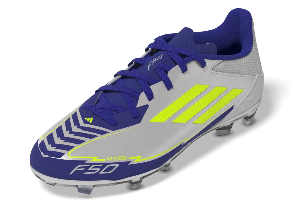 adidas F50 League Messi Firm Multi Ground Boots Junior Silver Metallic Solar Yellow Lucid Blue