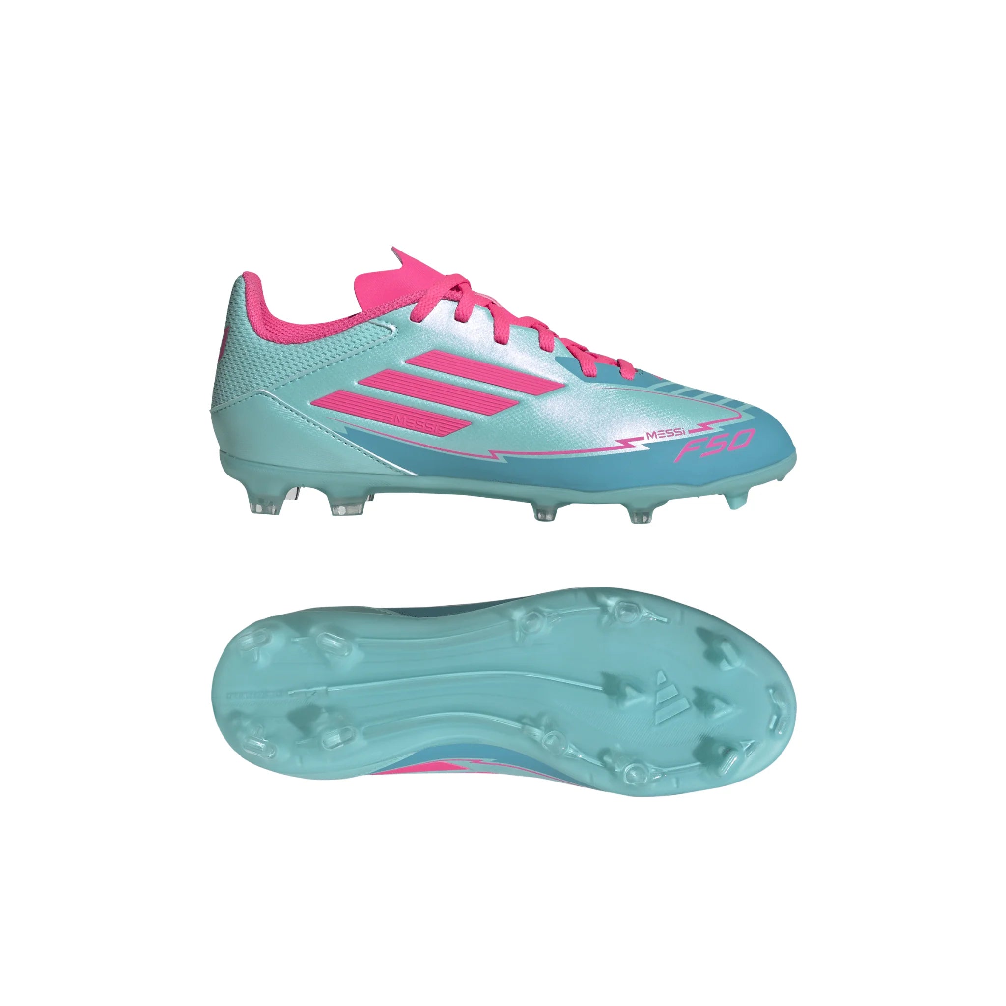 adidas F50 League Messi Firm Multi Ground Boots Junior Flash Aqua Lucid Pink Lucid Cyan