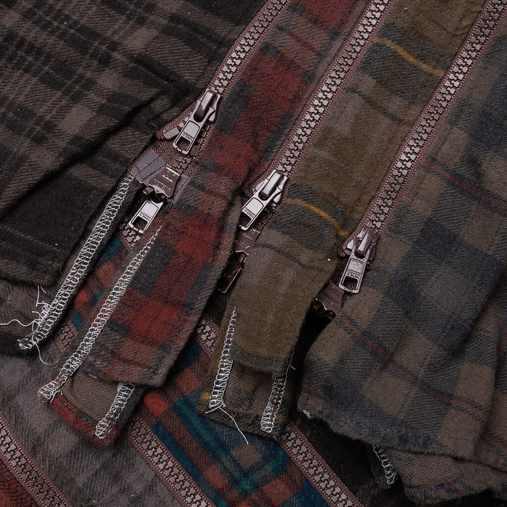 Flannel Shirt 7 Cuts Zipped Wide Shirt Over Dye Brown