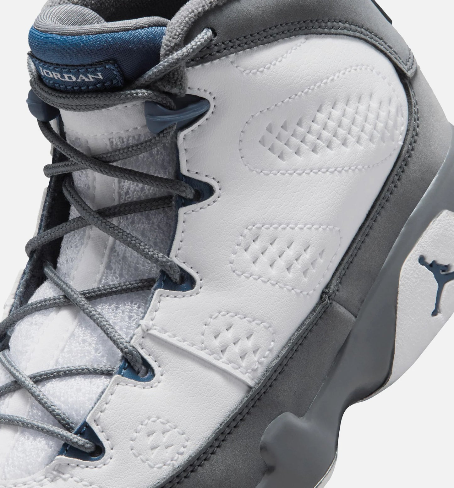 Air Jordan 9 Retro Flint Grey and French Blue Preschool Lifestyle Shoe White French Blue Flint Grey