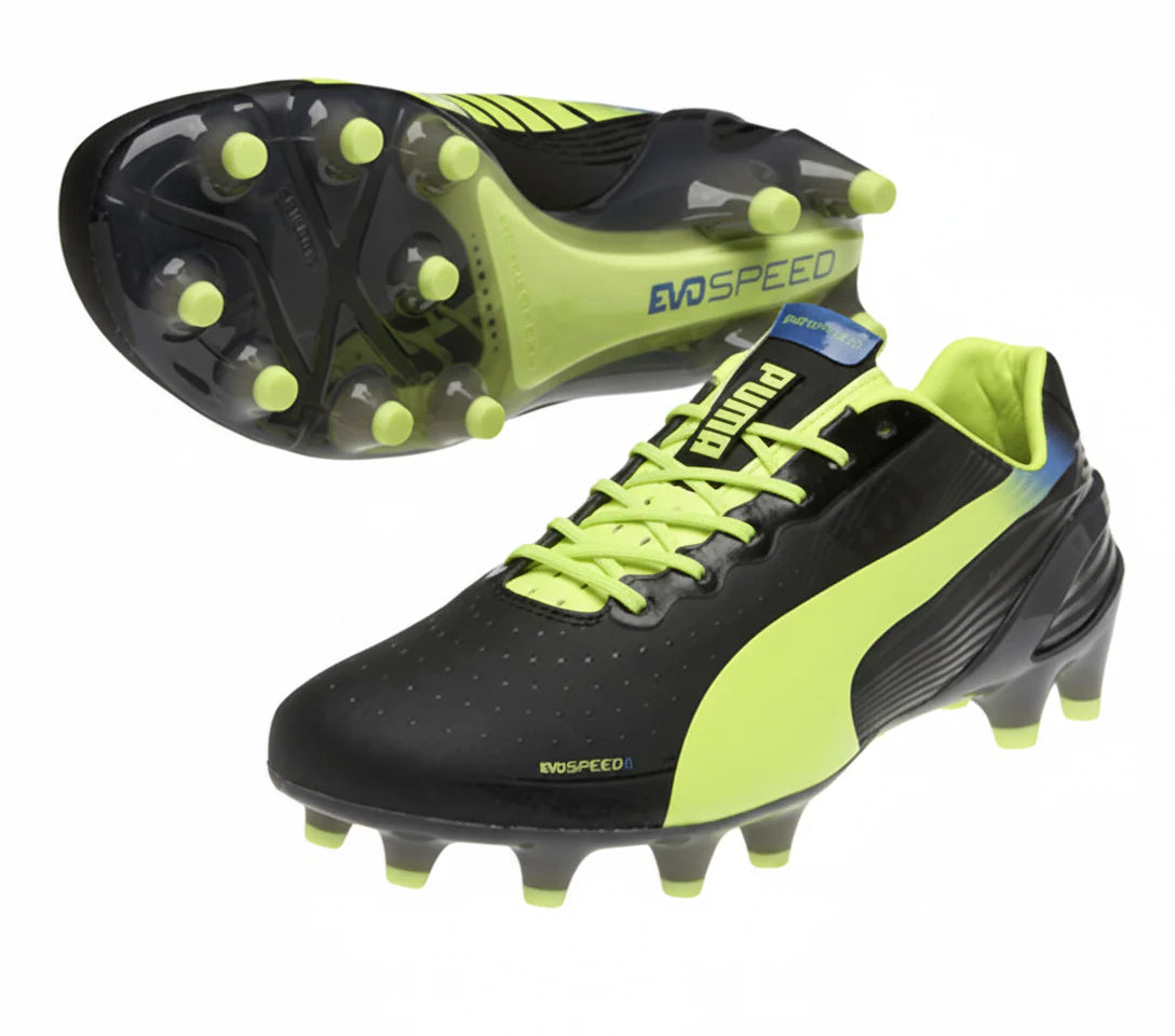 PUMA Evospeed 12 FG Firm Ground Soccer Cleats Black Fluo Yellow Brilliant Blue