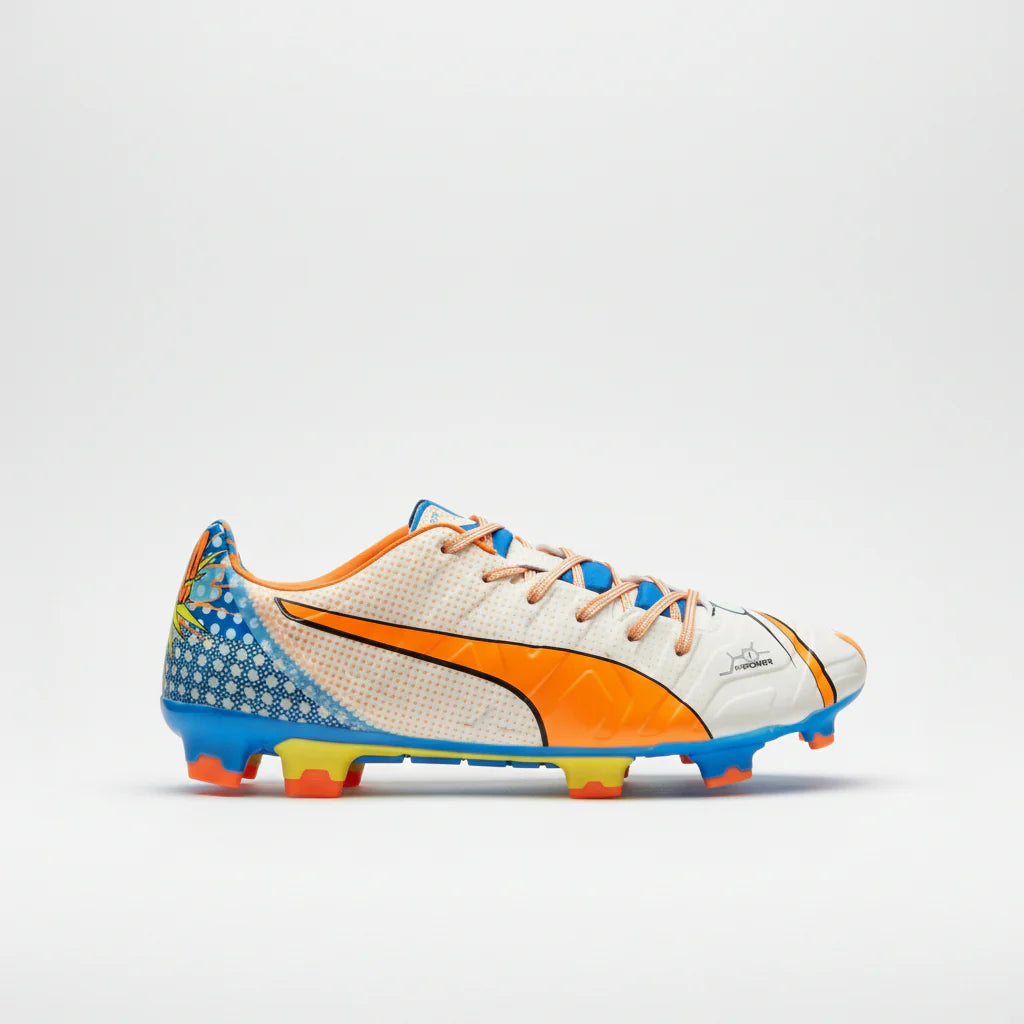 PUMA Evopower 12 FG Firm Ground Soccer Cleats White Orange Clownfish Electric Blue Lemonade