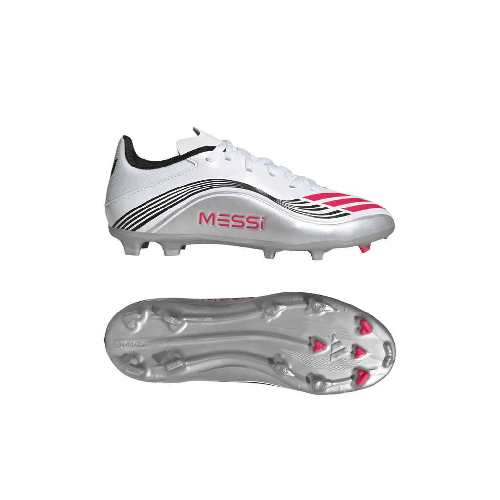 adidas F50 Messi League Firm Multi Ground Youth Soccer Cleats White Red Silver