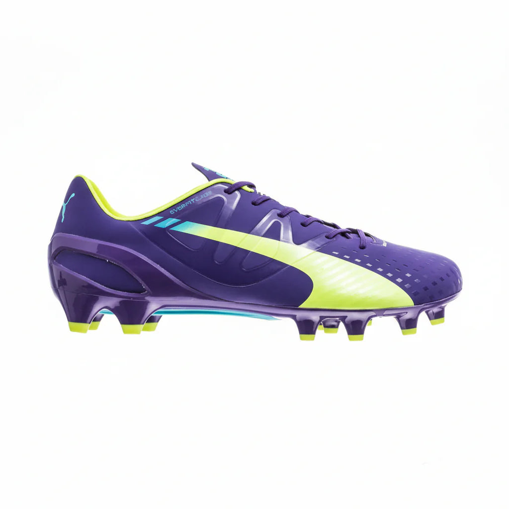 PUMA Evospeed 13 FG Firm Ground Soccer Cleats Prism Violet Fluro Yellow Scuba Blue