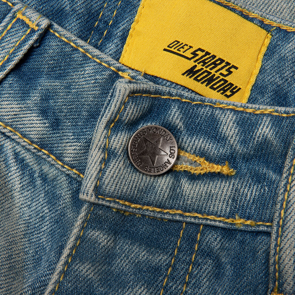 Distressed Stencil Denim Washed Indigo