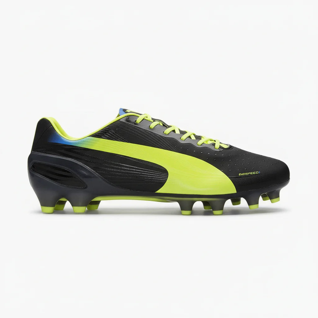 PUMA Evospeed 12 FG Firm Ground Soccer Cleats Black Fluo Yellow Brilliant Blue
