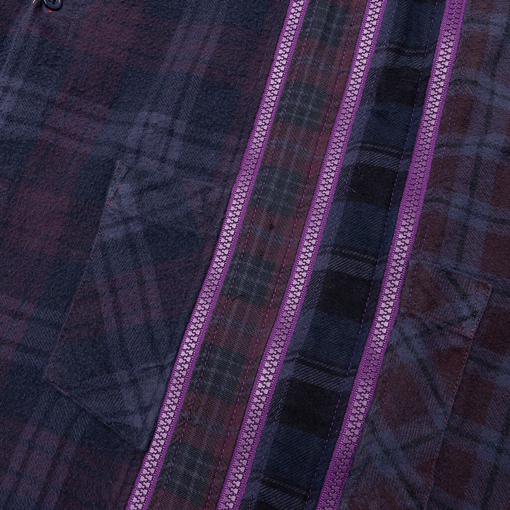 Flannel Shirt 7 Cuts Zipped Wide Shirt Over Dye Purple