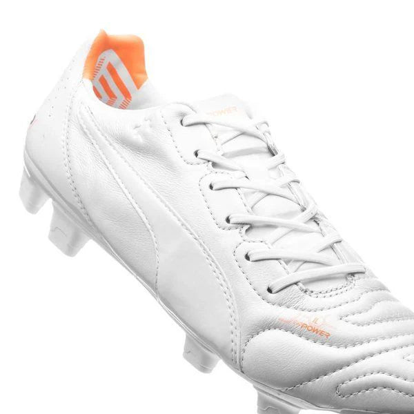 PUMA Evopower 12 Leather FG Firm Ground Soccer Cleats White Metallic White Fluo Orange