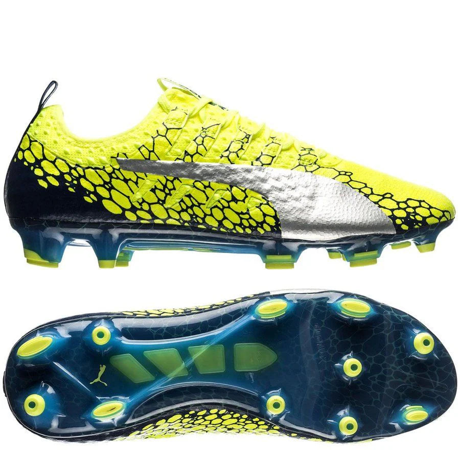 PUMA Evopower Vigor 1 Graphic FG Firm Ground Soccer Cleats Safety Yellow Silver
