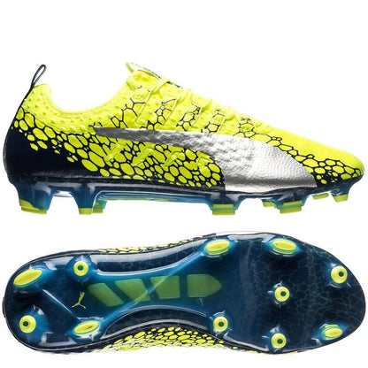 PUMA Evopower Vigor 1 Graphic FG Firm Ground Soccer Cleats Safety Yellow Silver