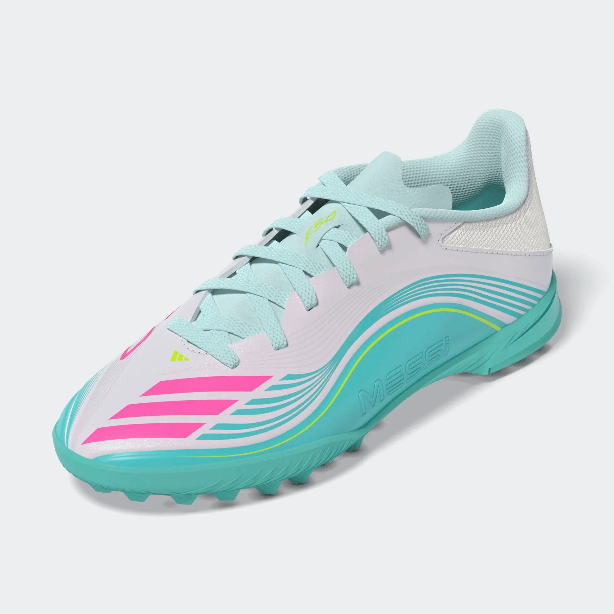 adidas F50 Messi League TF Turf Youth Soccer Cleats White Pink Aqua