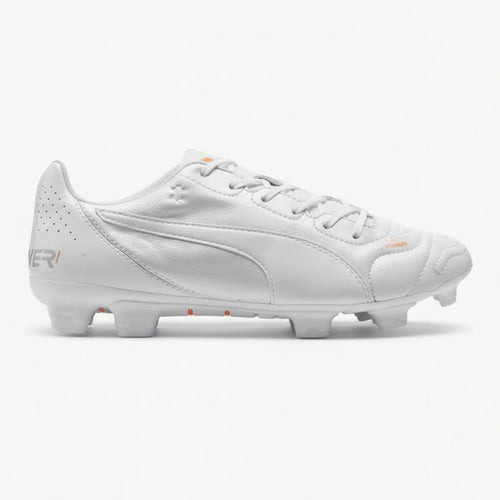 PUMA Evopower 12 Leather FG Firm Ground Soccer Cleats White Metallic White Fluo Orange