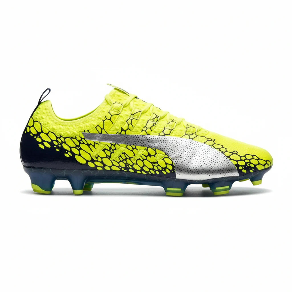 PUMA Evopower Vigor 1 Graphic FG Firm Ground Soccer Cleats Safety Yellow Silver