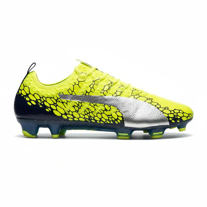 PUMA Evopower Vigor 1 Graphic FG Firm Ground Soccer Cleats Safety Yellow Silver