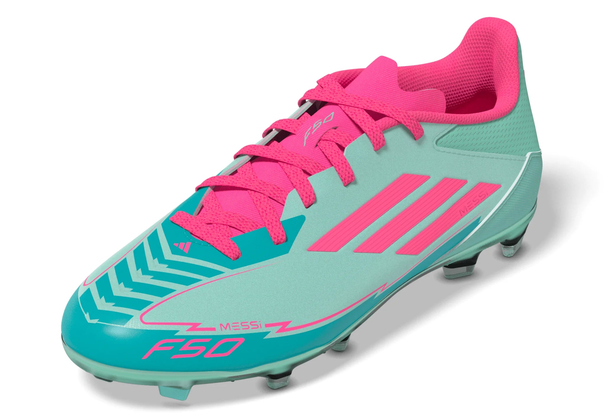 adidas F50 League Messi Firm Multi Ground Boots Junior Flash Aqua Lucid Pink Lucid Cyan