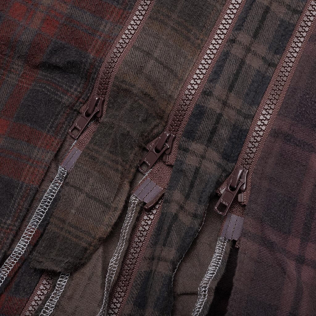 Flannel Shirt 7 Cuts Zipped Wide Shirt Over Dye Brown