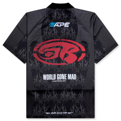 Flame Pattern Overall Print Half Zip Relax Fit Polo Shirt Black