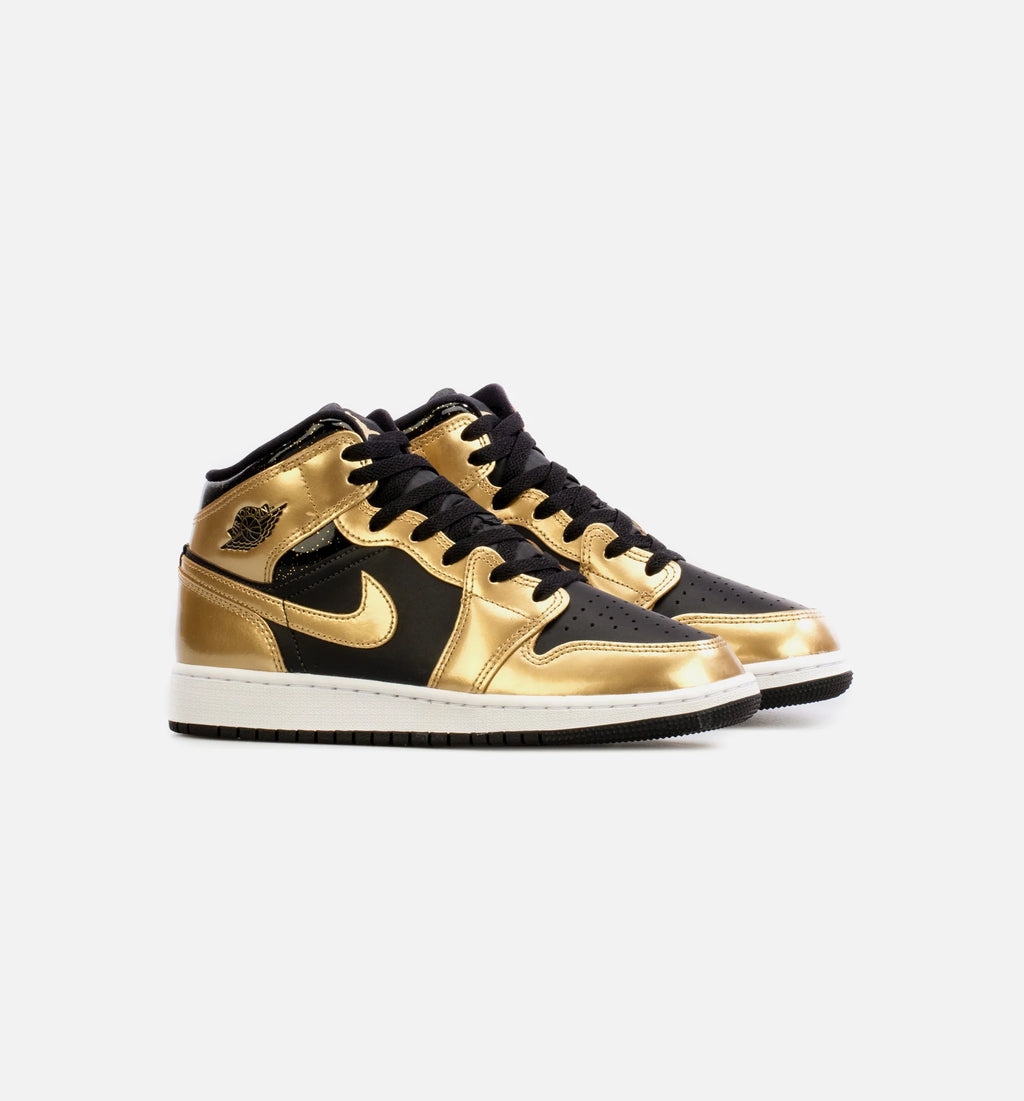 Air Jordan 1 Mid Metallic Gold Grade School Lifestyle Shoe Gold Black