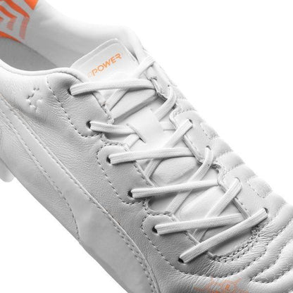 PUMA Evopower 12 Leather FG Firm Ground Soccer Cleats White Metallic White Fluo Orange