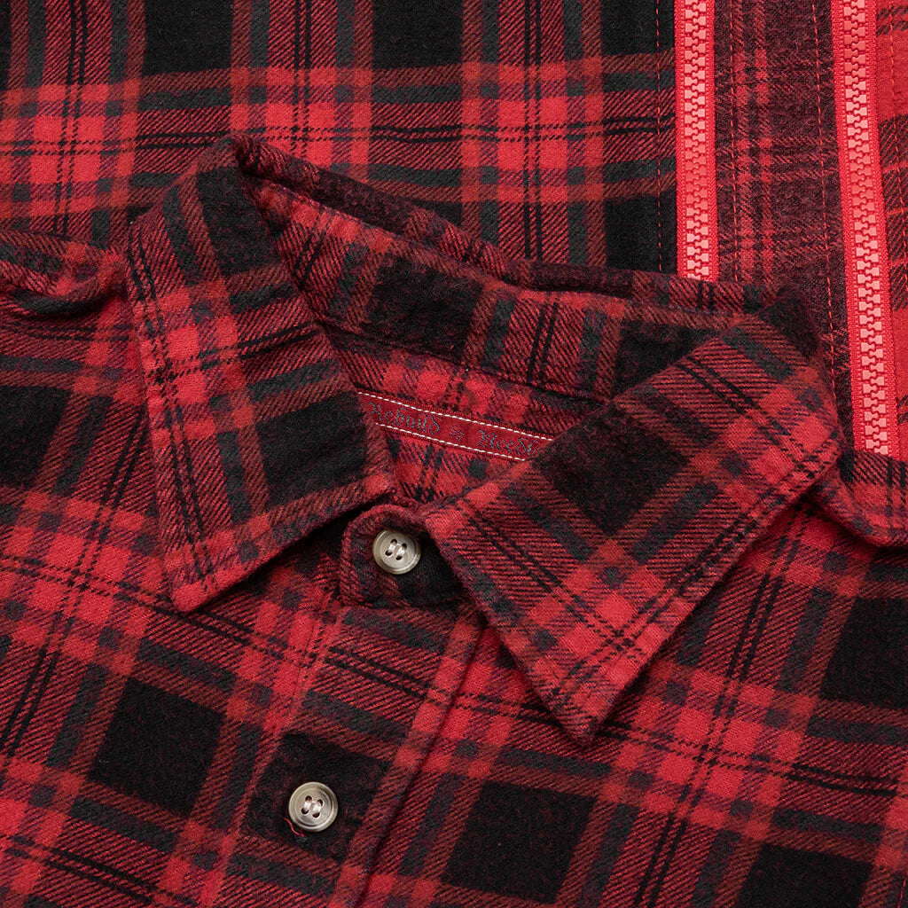 Flannel Shirt 7 Cuts Zipped Wide Shirt Over Dye Red