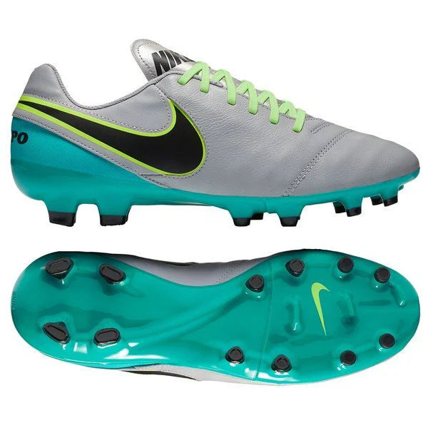 Nike Tiempo Genio II Leather FG Firm Groun Soccer Cleats Grey Black Clear Jade