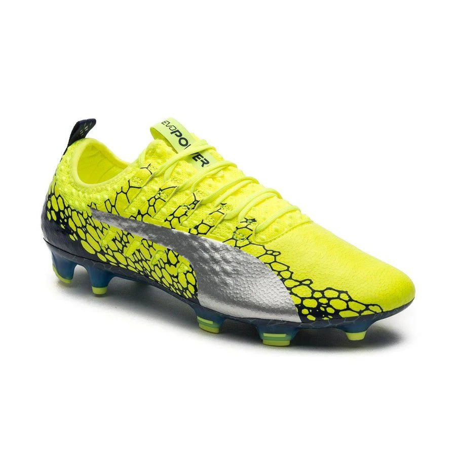 PUMA Evopower Vigor 1 Graphic FG Firm Ground Soccer Cleats Safety Yellow Silver