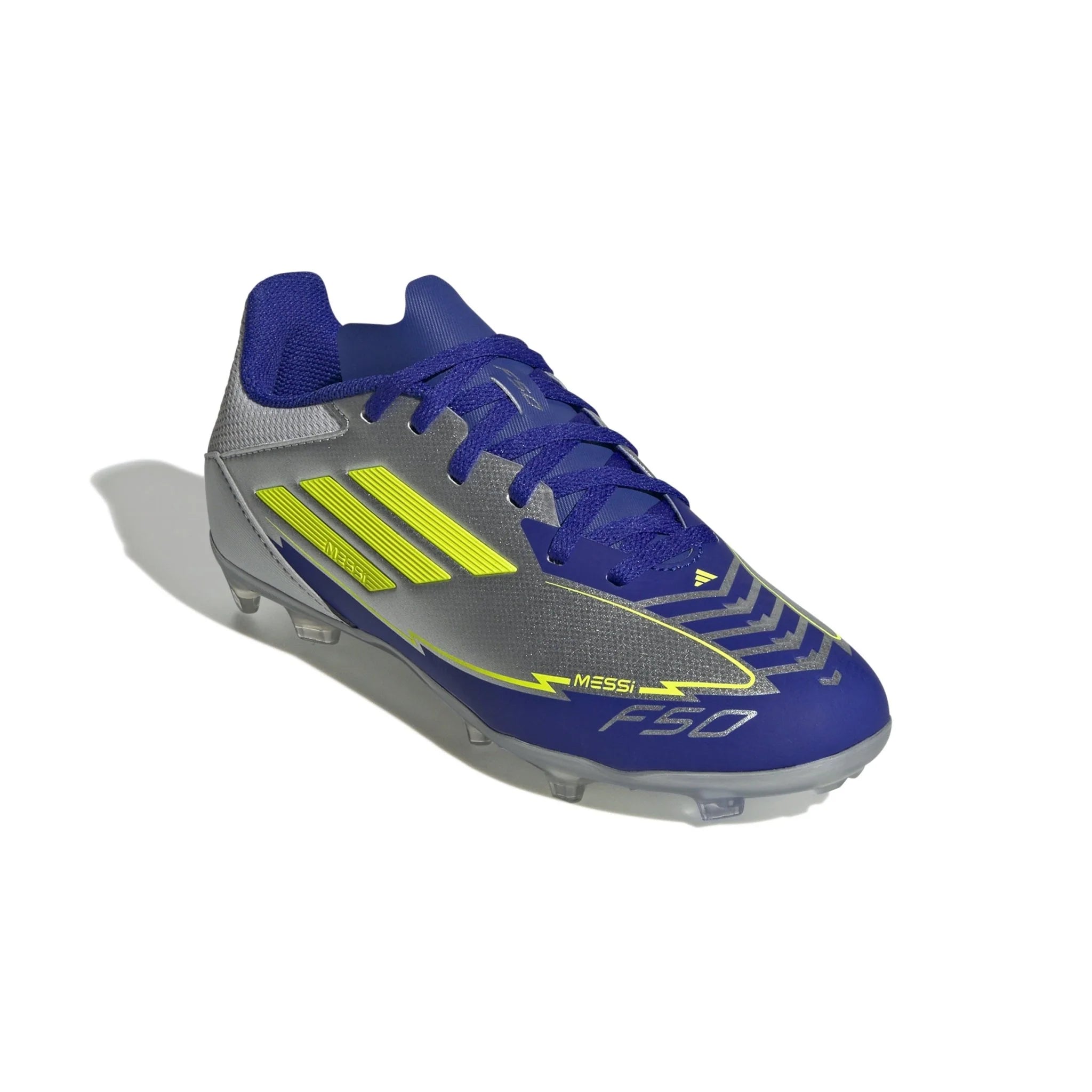adidas F50 League Messi Firm Multi Ground Boots Junior Silver Metallic Solar Yellow Lucid Blue