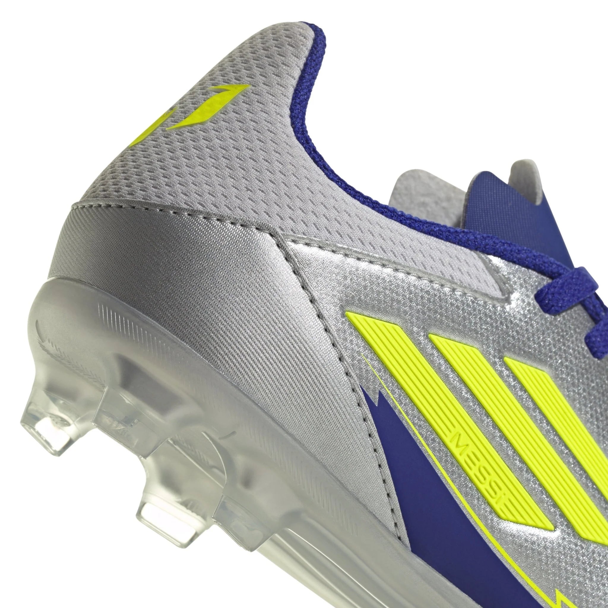 adidas F50 League Messi Firm Multi Ground Boots Junior Silver Metallic Solar Yellow Lucid Blue