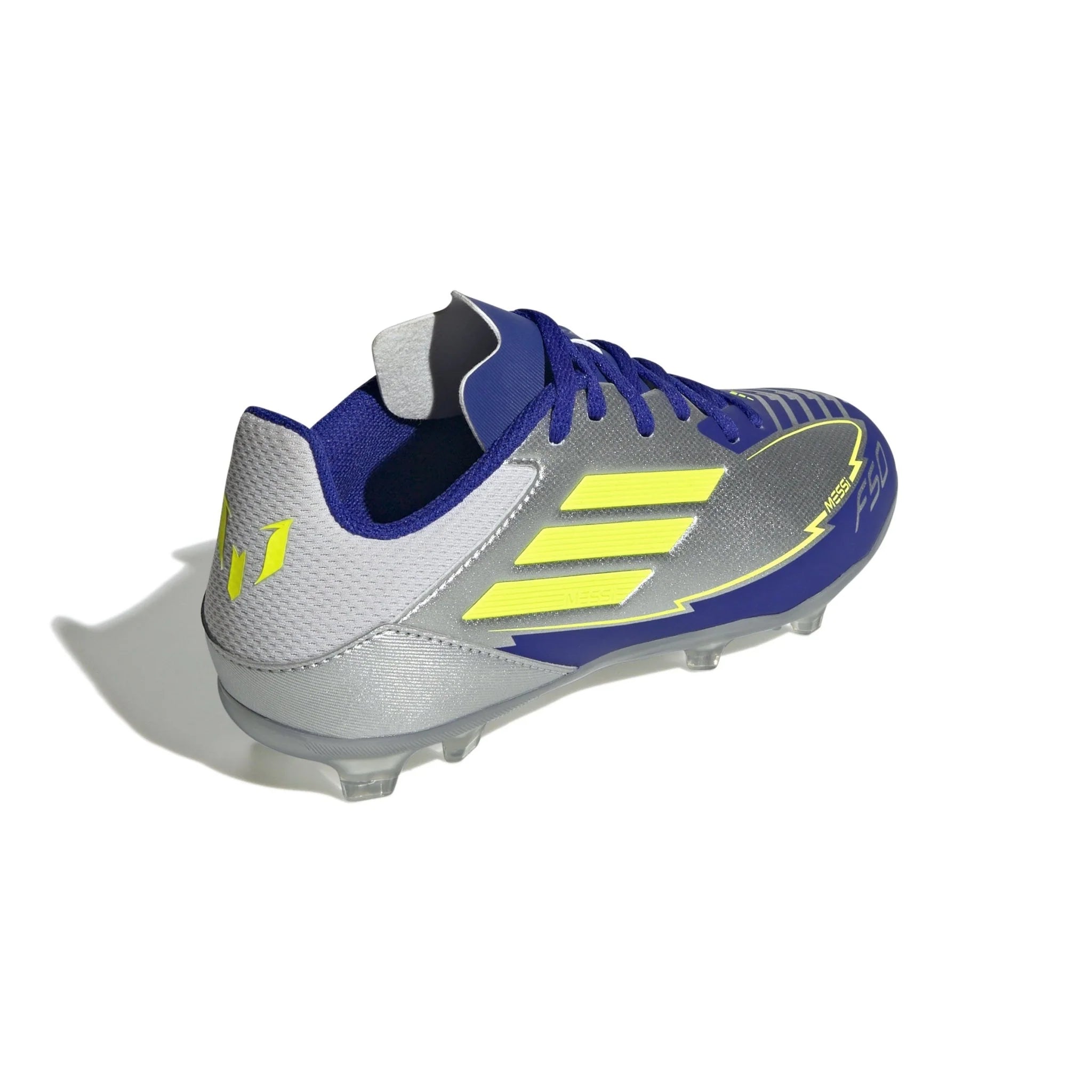 adidas F50 League Messi Firm Multi Ground Boots Junior Silver Metallic Solar Yellow Lucid Blue