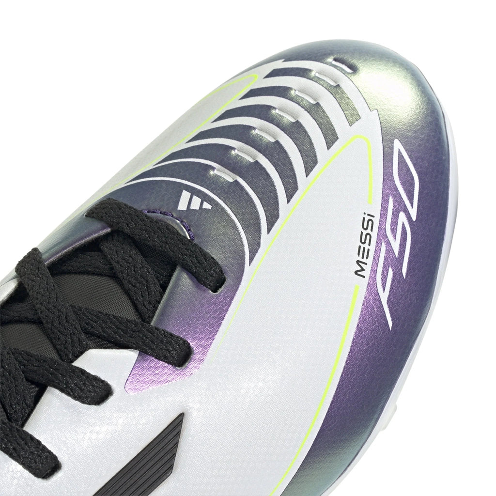 adidas Kids F50 League FG MG Messi Multi Ground Soccer Cleats White Black Purple
