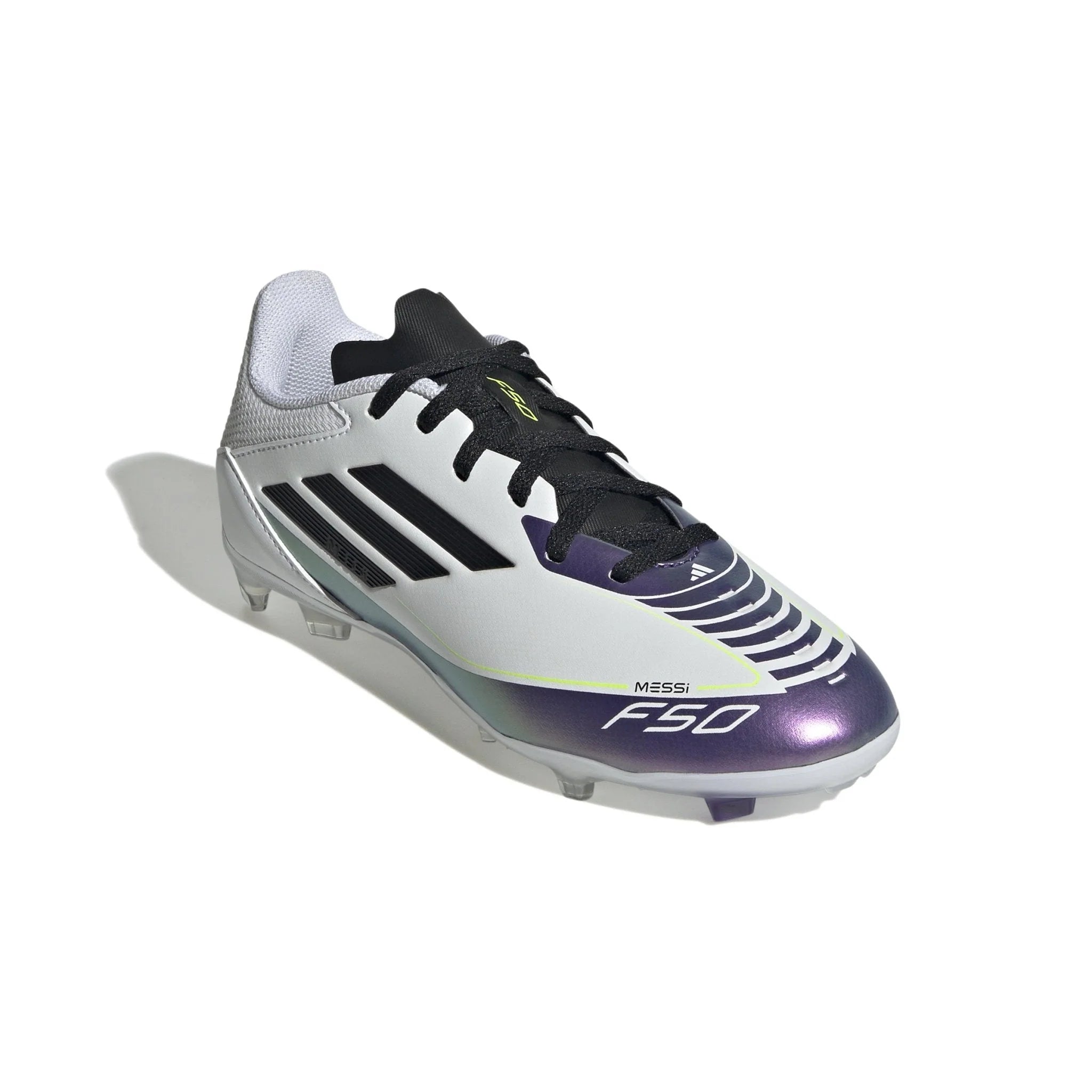 adidas Kids F50 League FG MG Messi Multi Ground Soccer Cleats White Black Purple