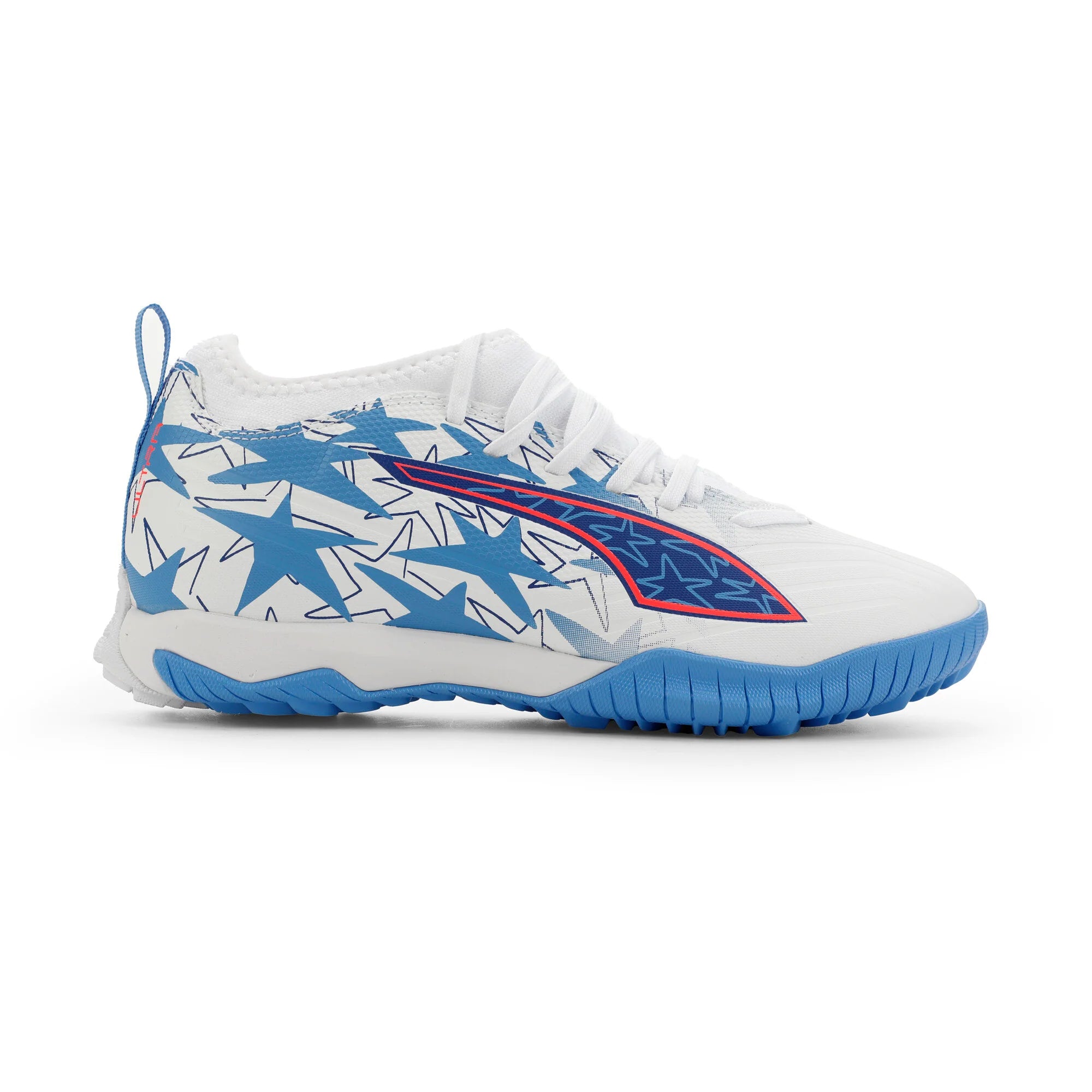 PUMA Ultra 6 Match KidSuper X CP TT Mid Turf Youth Soccer Cleats White Pink Blue