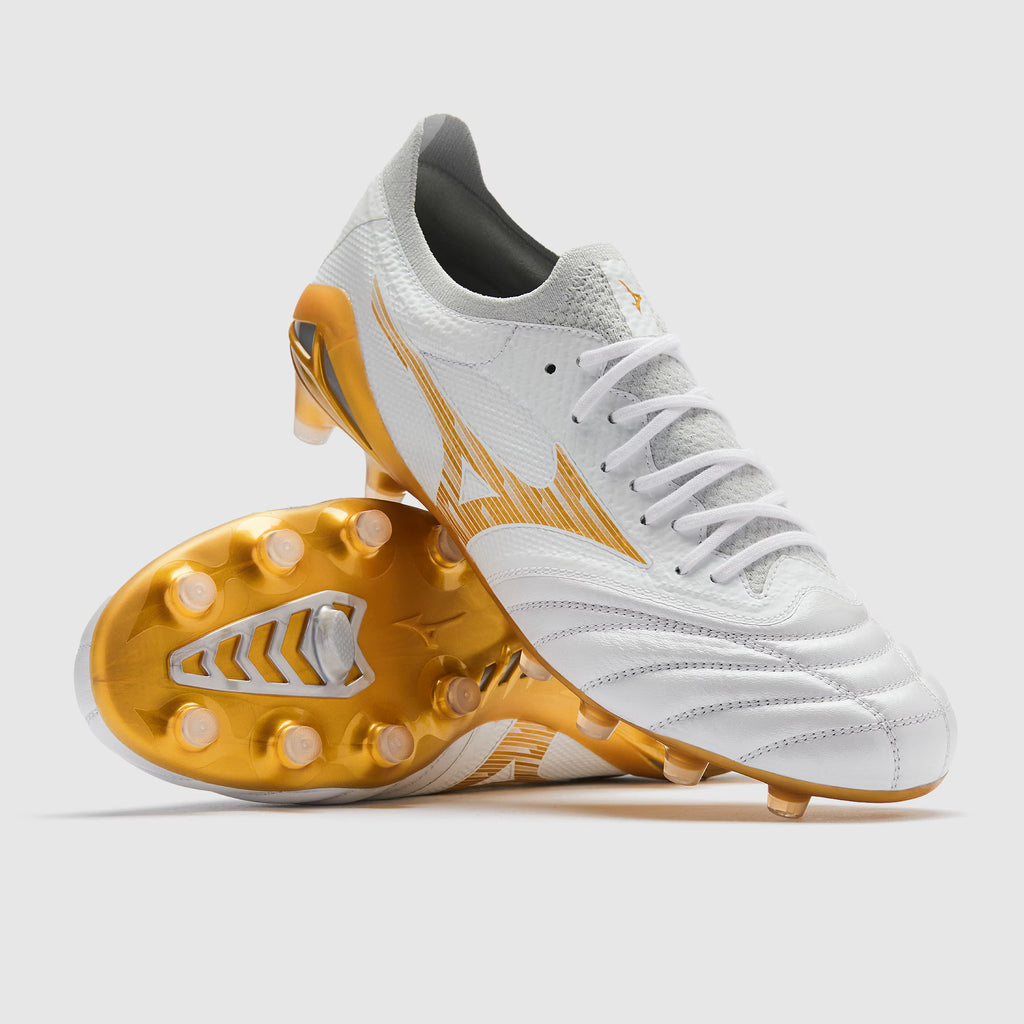 Mizuno Morelia Neo IV Beta Elite FG Firm Ground Soccer Cleats White Gold