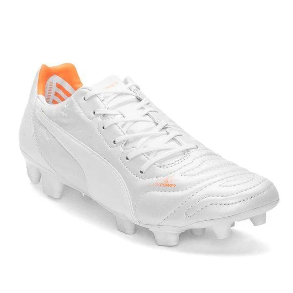 PUMA Evopower 12 Leather FG Firm Ground Soccer Cleats White Metallic White Fluo Orange