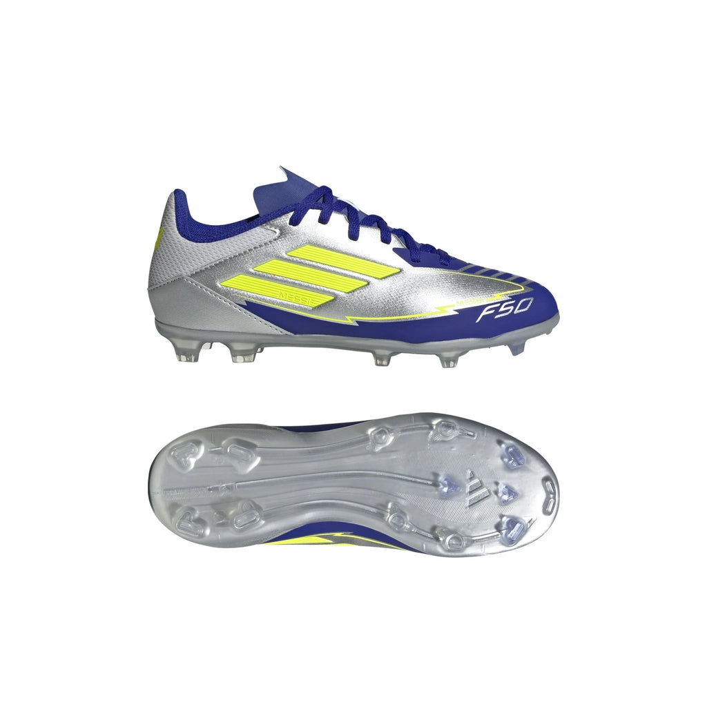 adidas F50 League Messi Firm Multi Ground Boots Junior Silver Metallic Solar Yellow Lucid Blue