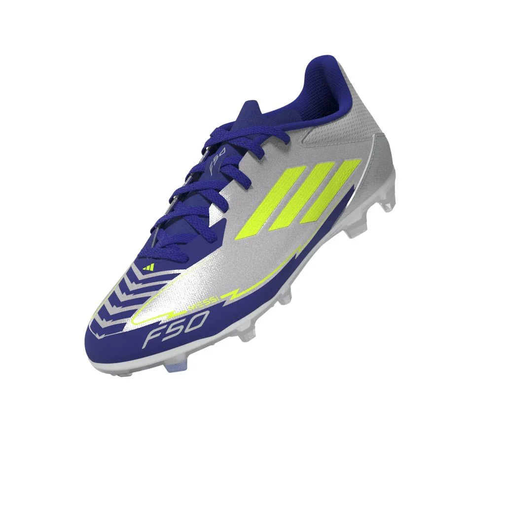 adidas F50 League Messi Firm Multi Ground Boots Junior Silver Metallic Solar Yellow Lucid Blue