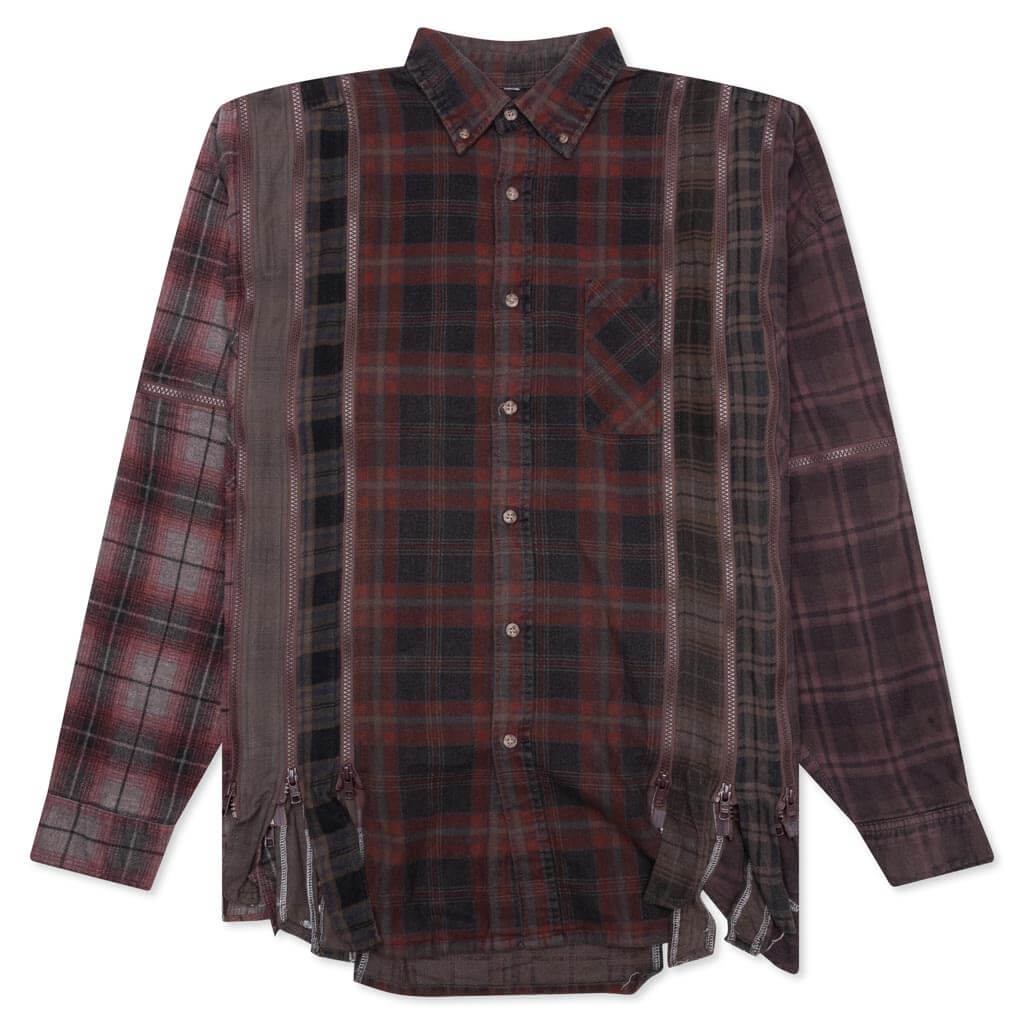 Flannel Shirt 7 Cuts Zipped Wide Shirt Over Dye Brown